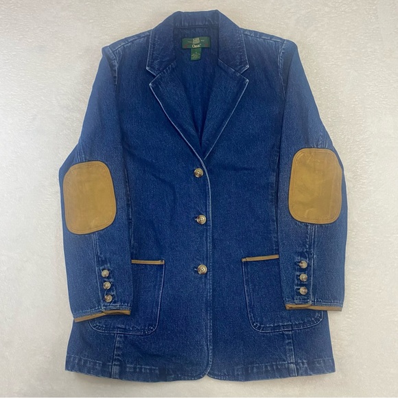Vintage Orvis Denim Jean Chore Jacket Blazer Leather Elbow Patch Womens Size 8 - Picture 1 of 10